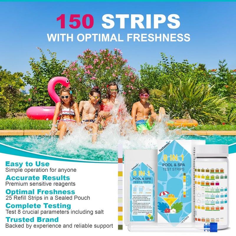 SaySummer Salt-Water Pool Test Strips Kit: 150 Counts 8-in-1 for Salt Water Pool Testing Kit, Salt Pool Test Strips for Hot Tub Spa Testing Salt Chlorine pH and More - Image 4